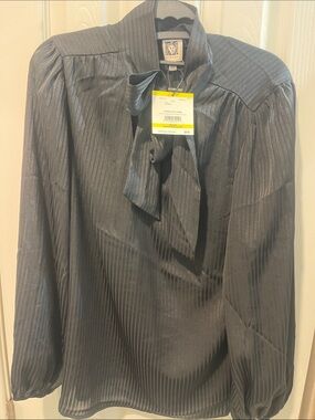 Anne Klein Black Satin Stripe Bow-Neck Dress Shirt